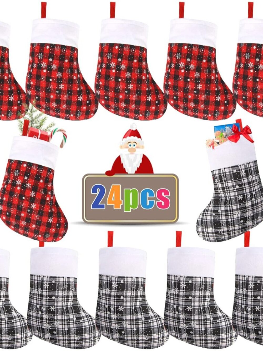 Mini Christmas Stockings, 24 Pack Small Buffalo Plaid Stocking Snowflake Red Bla